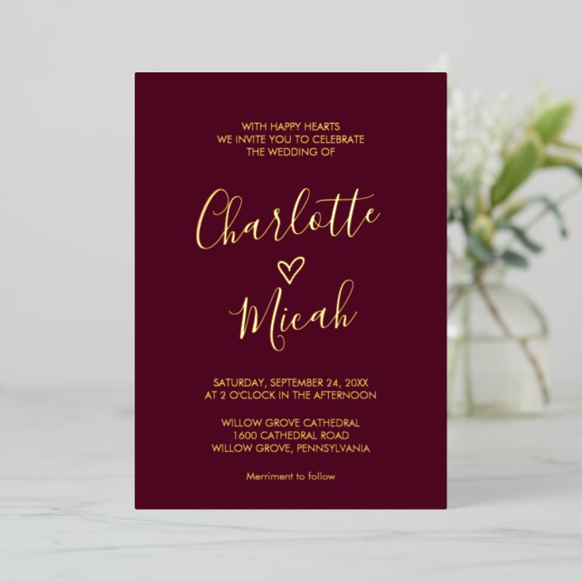 Hand Drawn Heart | Gold Foil Text Burgundy Wedding (Standing Front)