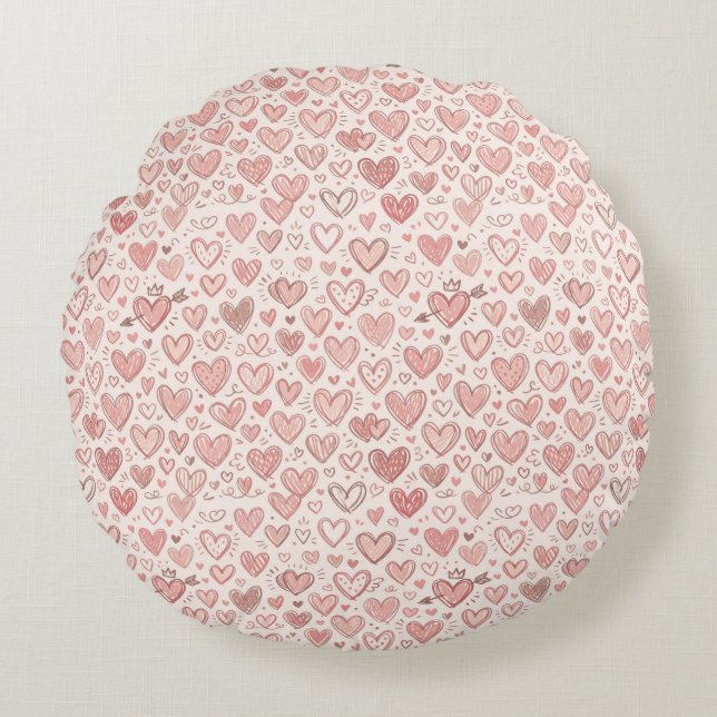 Hand-Drawn Heart Pattern Round Pillow (Front)