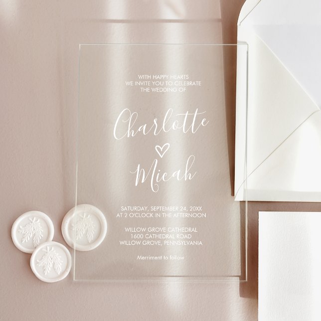 Hand Drawn Heart Romantic White Simple Wedding Acrylic Invitations (Hand Drawn Heart Romantic White Simple Wedding Acrylic Invitations)