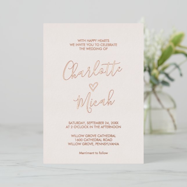 Hand Drawn Heart Rose Gold Foil Text Blush Wedding (Standing Front)