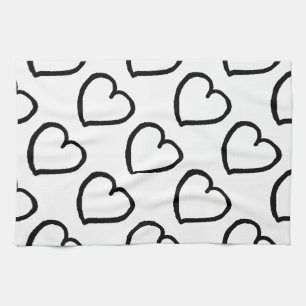 Hand drawn hearts design black on white kitchen towel