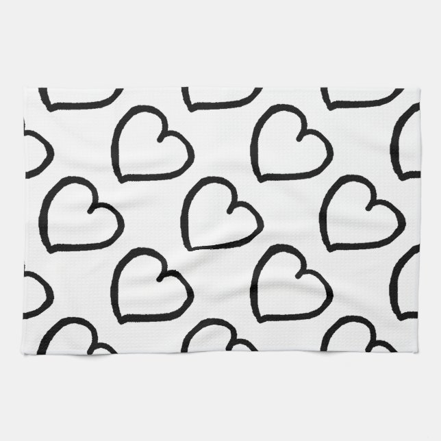 Hand drawn hearts design black on white kitchen towel (Horizontal)