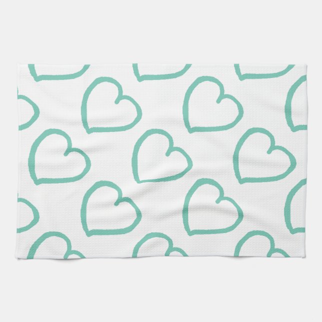 Hand drawn hearts design blue on white kitchen towel (Horizontal)