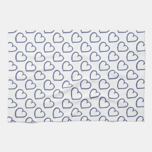 Hand drawn hearts design dark blue on white kitchen towel