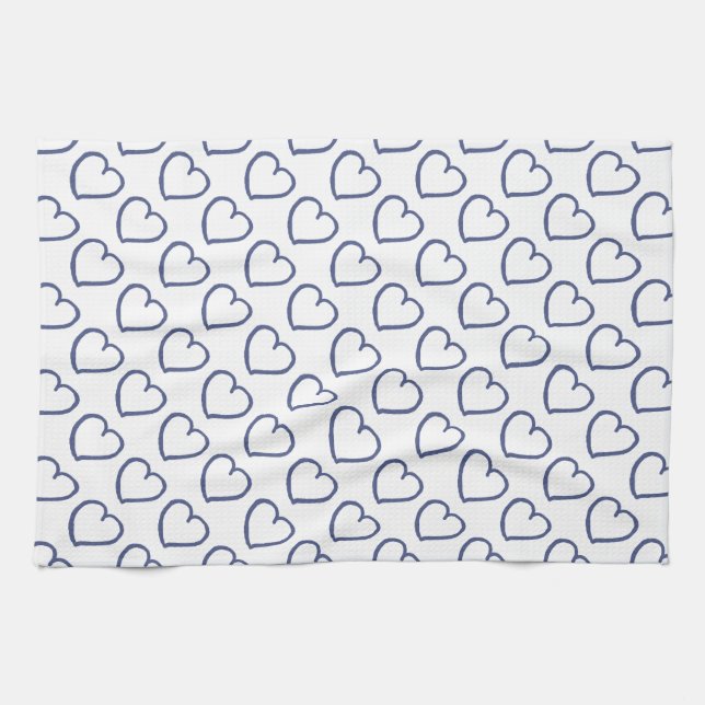 Hand drawn hearts design dark blue on white kitchen towel (Horizontal)