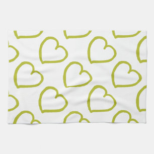 Hand drawn hearts design green on white kitchen towel