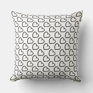 Hand drawn hearts pattern black on white throw pillow