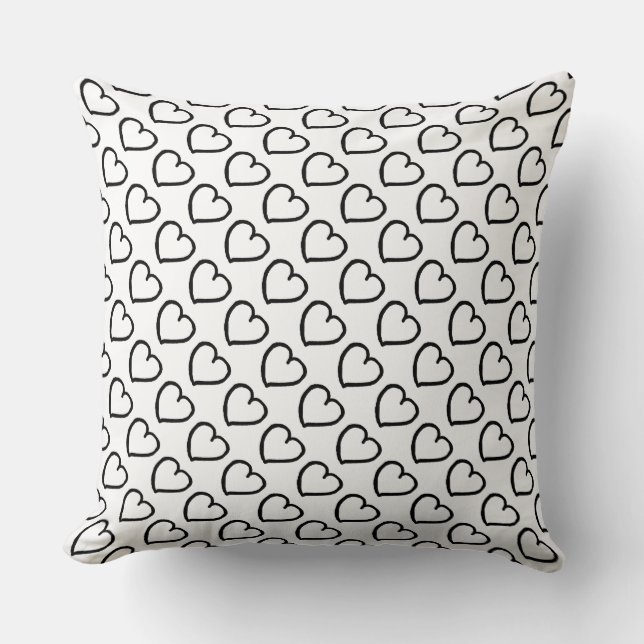 Hand drawn hearts pattern black on white throw pillow (Front)