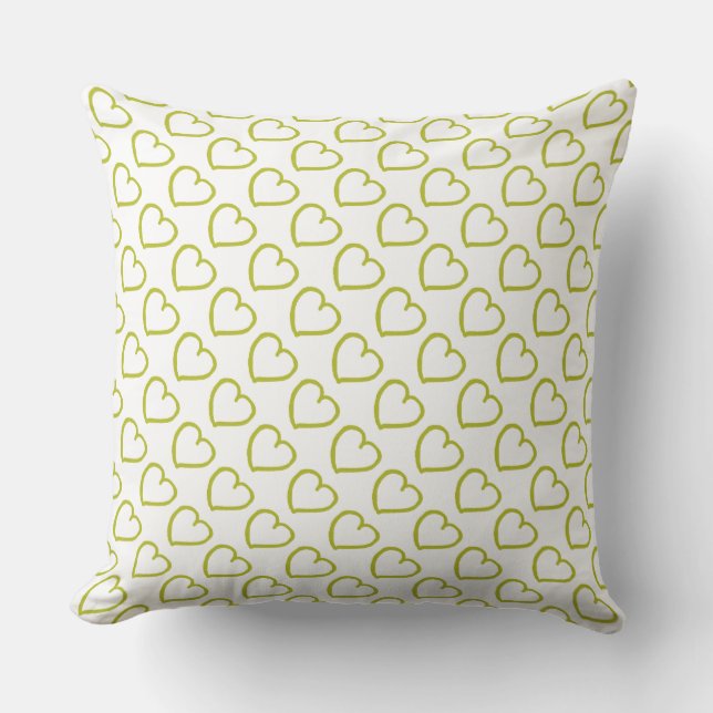 Hand drawn hearts pattern green on white throw pillow (Front)