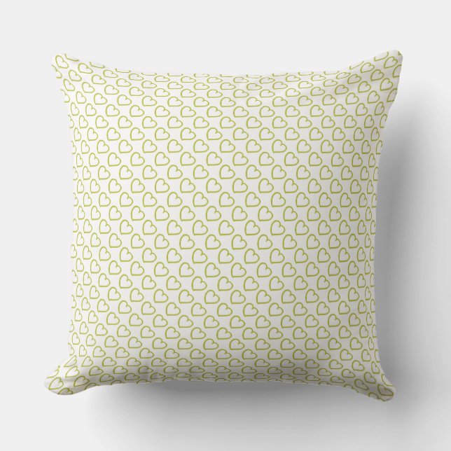 Hand drawn hearts pattern green on white throw pillow (Front)