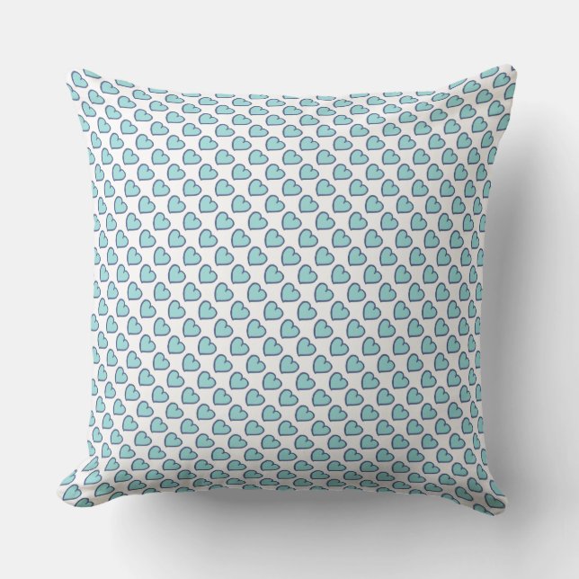 Hand drawn hearts pattern light dark blue on white throw pillow (Front)