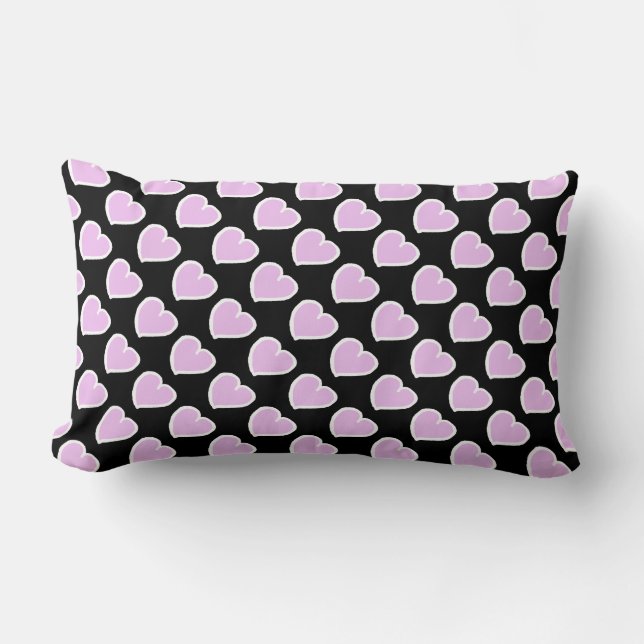 Hand drawn hearts pattern pink on black lumbar pillow (Front)