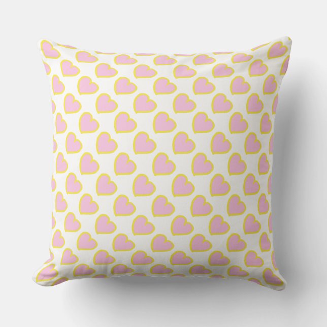 Hand drawn hearts pattern pink yellow on white throw pillow (Front)