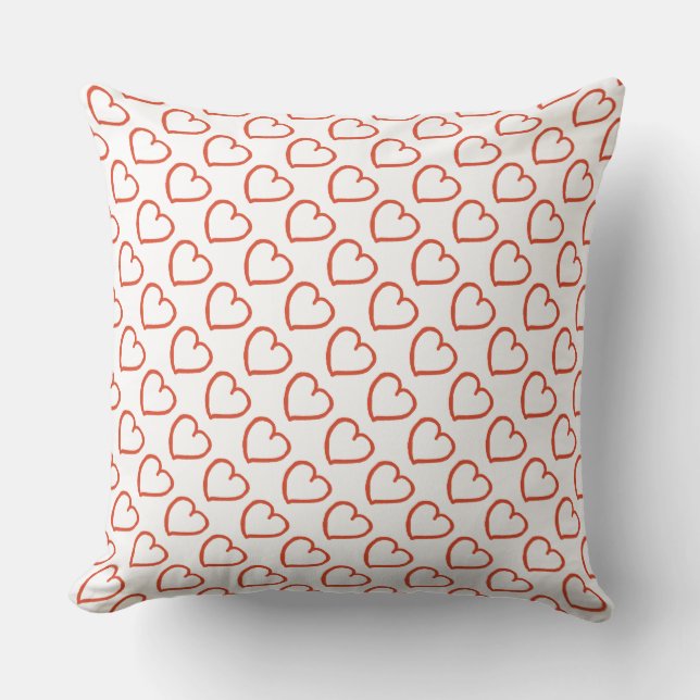 Hand drawn hearts pattern red on white throw pillow (Front)