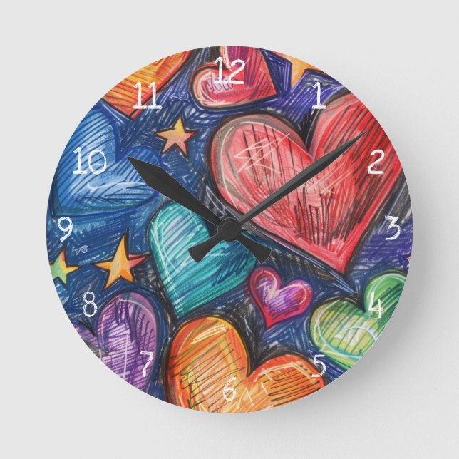 Hand Drawn Hearts & Stars Round Clock (Front)