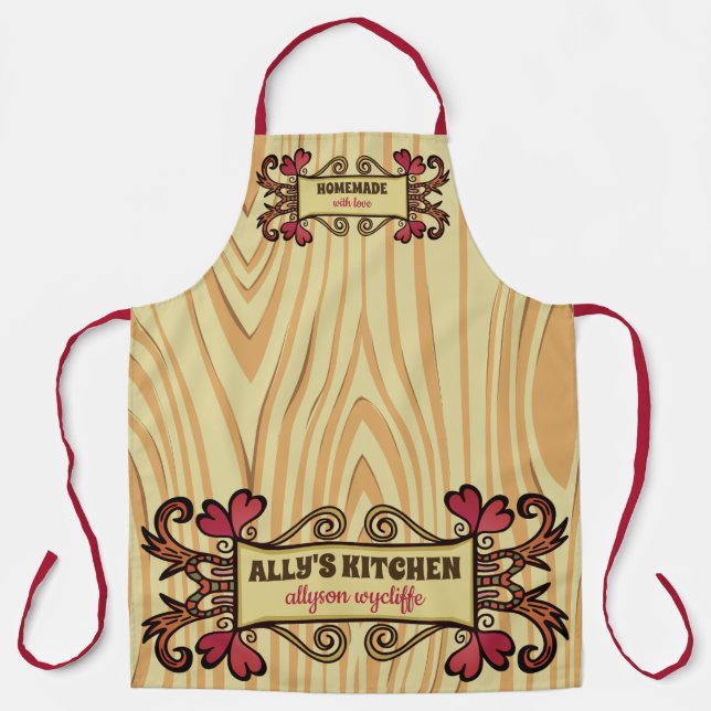 Hand Drawn Hearts Welcome Banner Wood Grain Fall Apron (Front)