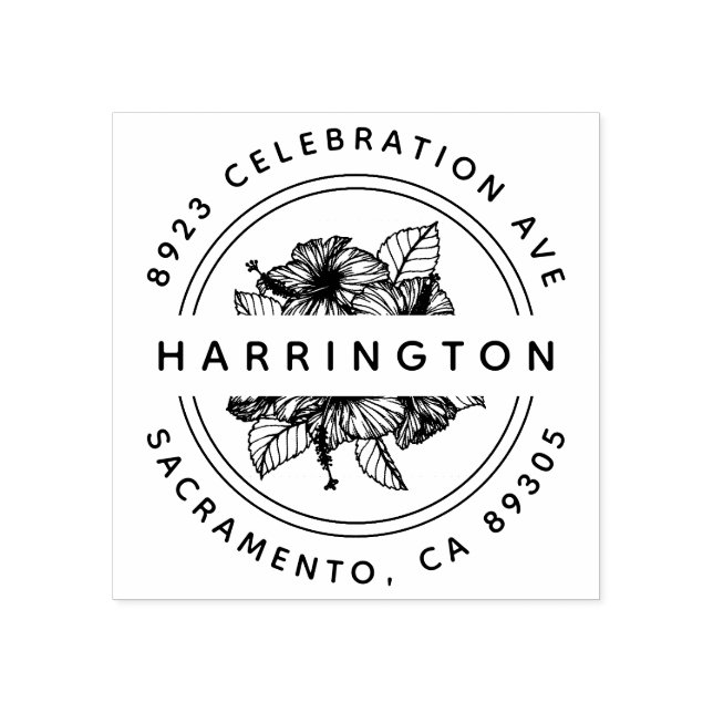 Hand-drawn Hibiscus Bouquet Round Return Address Rubber Stamp (Imprint)