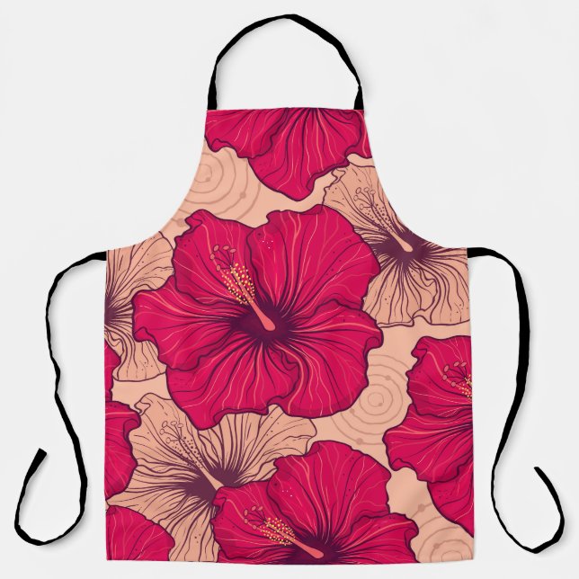 Hand Drawn Hibiscus Flowers Vintage Apron (Front)