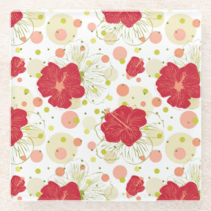 Hand Drawn Hibiscus Pattern Glass Coaster