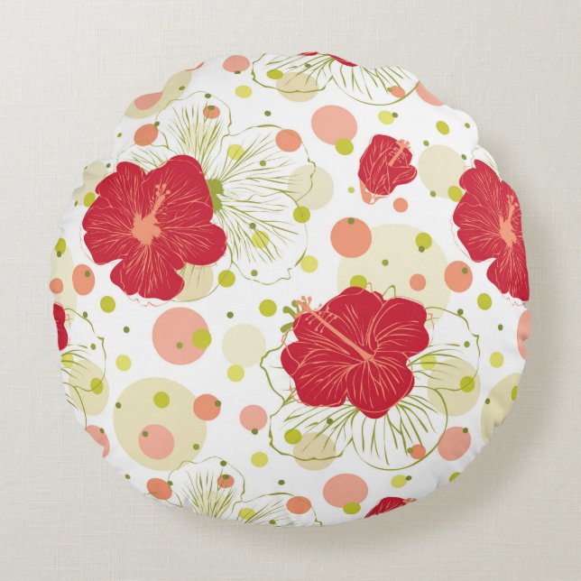 Hand Drawn Hibiscus Pattern Round Pillow (Front)