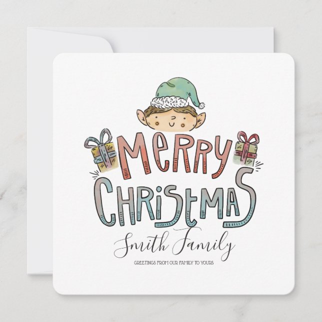Hand Drawn Holiday Christmas Elf Card (Front)