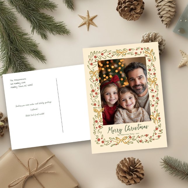 Hand Drawn Holiday Wreath & Bows Photo Postcard (Whimsical Christmas Wreath holiday family photo postcard)