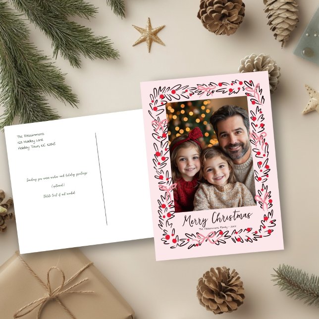 Hand Drawn Holiday Wreath & Bows Photo Postcard (Whimsical Christmas Wreath holiday family photo postcard)