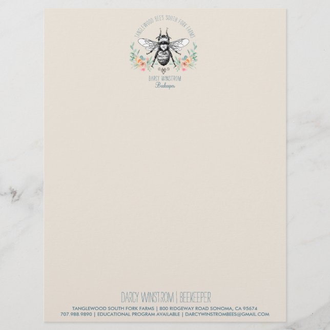 Hand Drawn Honey Bee Beekeeper Apiary Floral  Lett Letterhead (Front)