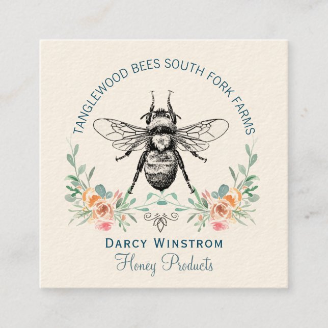 Hand Drawn Honey Bee Products Floral Square Business Card (Front)