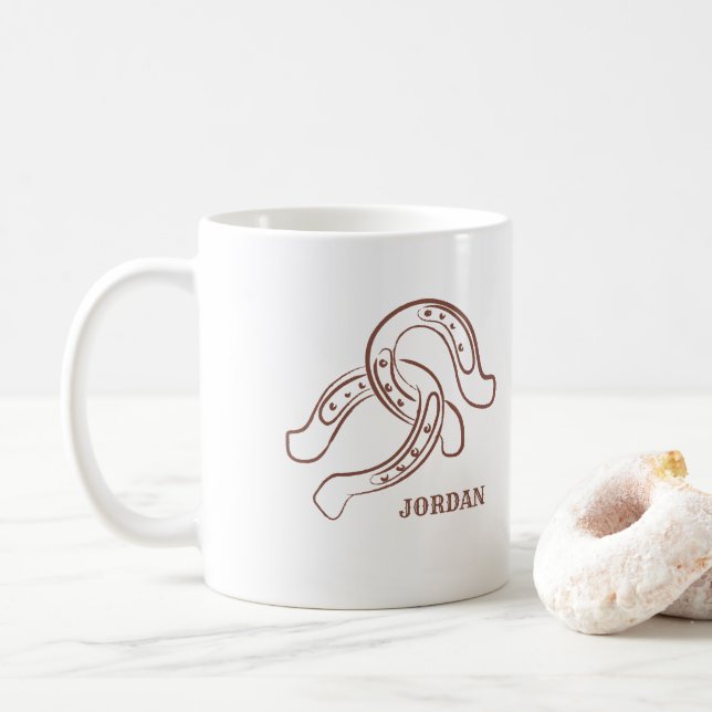 Hand-Drawn Horseshoes | Rustic Brown Western Coffee Mug (With Donut)