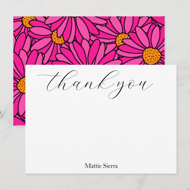 Hand Drawn Hot Pink & Orange Daisy Pattern Thank You Card (Front/Back)