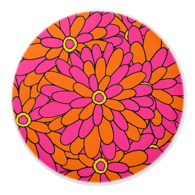 Hand Drawn Hot Pink Orange Zinnia Abstract Pattern Ceramic Knob (Front)