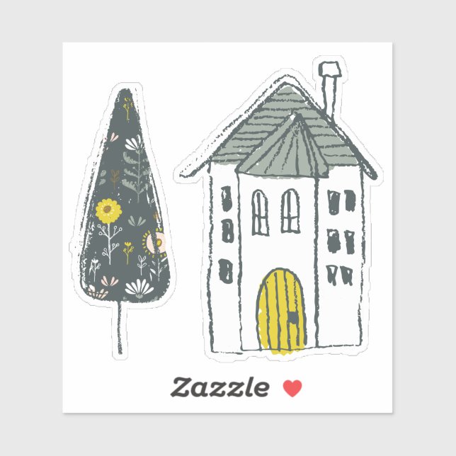 Hand drawn house yellow door green pine tree (Sheet)