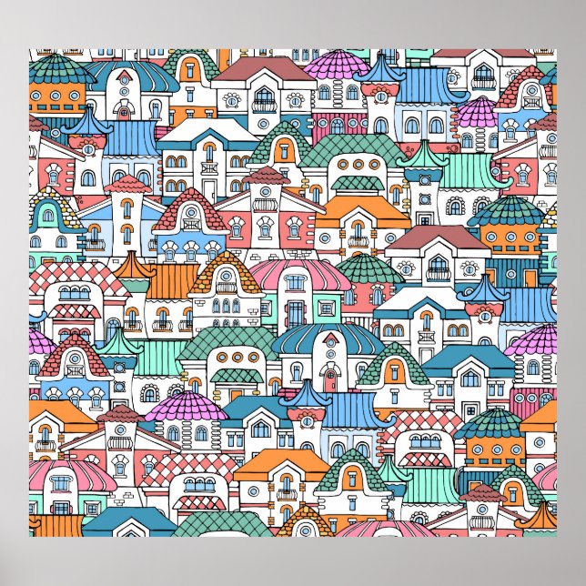 Hand-Drawn Houses: Colourful Vintage Pattern Poster (Front)