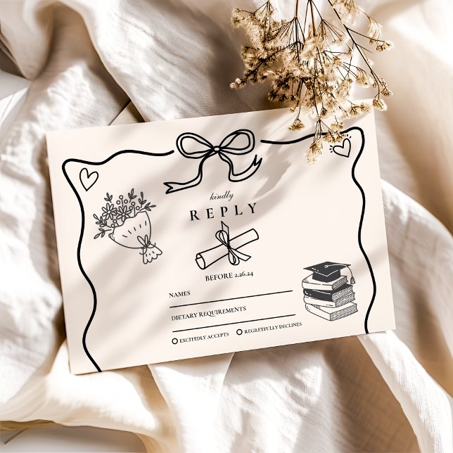 Hand Drawn Illustrated Black & White Graduation RSVP Card (Creator Uploaded)