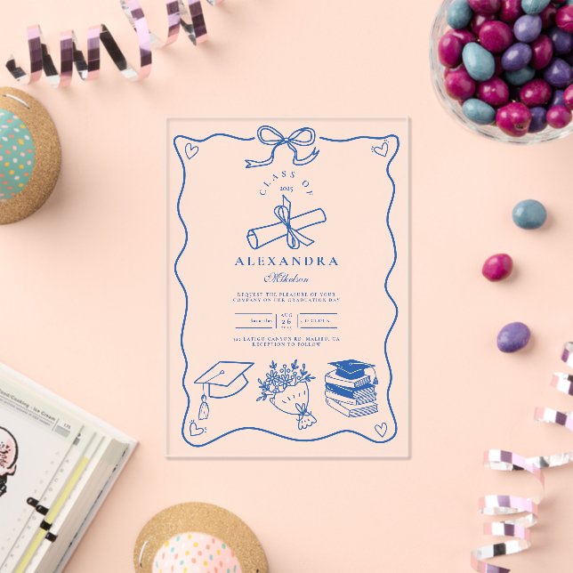 Hand Drawn Illustrated Blue Graduation Party Acrylic Invitations (Insitu (Celebration))