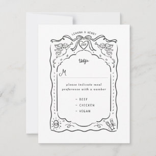 Hand Drawn Illustrated Ink Cherub Hearts Ribbons RSVP Card
