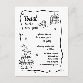 Hand Drawn Illustrated New Years Eve Party Holiday Postcard