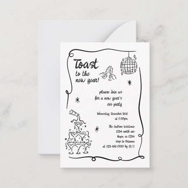 Hand Drawn Illustrated New Years Eve Party In Card (Front)