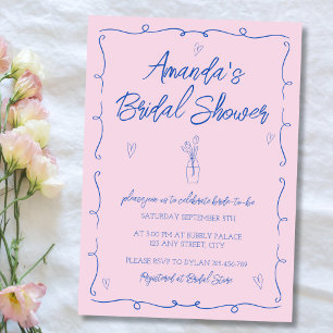 Hand Drawn Illustrated Pink & Blue Bridal Shower Invitation