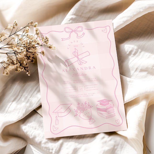 Hand Drawn Illustrated Pink Plaid Graduation Invitation (Creator Uploaded)