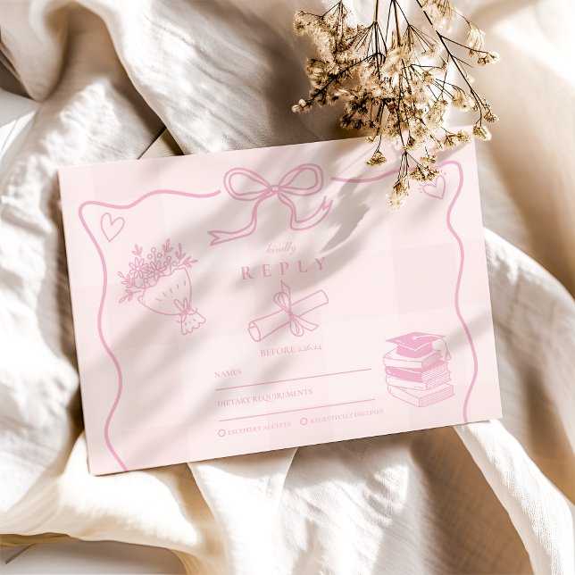 Hand Drawn Illustrated Pink Plaid Graduation RSVP Card (Creator Uploaded)