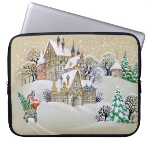 Hand drawn illustration with winter landscape and  laptop sleeve