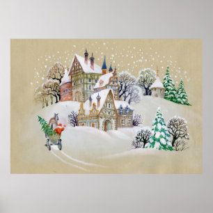 Hand drawn illustration with winter landscape and  poster