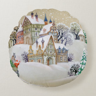 Hand drawn illustration with winter landscape and  round pillow