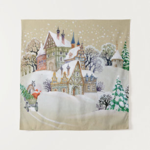 Hand drawn illustration with winter landscape and  tapestry