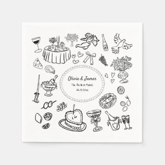 Hand Drawn Illustrations, Bar Cocktail Wedding  Napkin