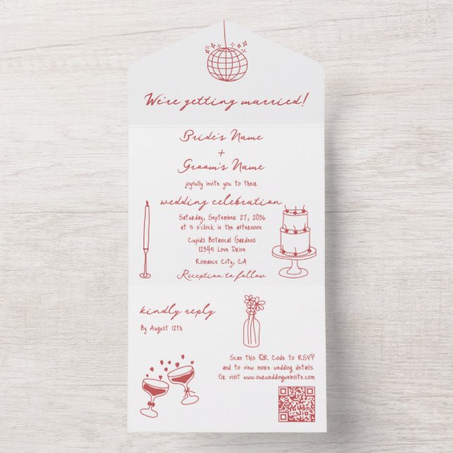 Hand Drawn Illustrations Doodles Maroon Wedding All In One Invitation (Inside)