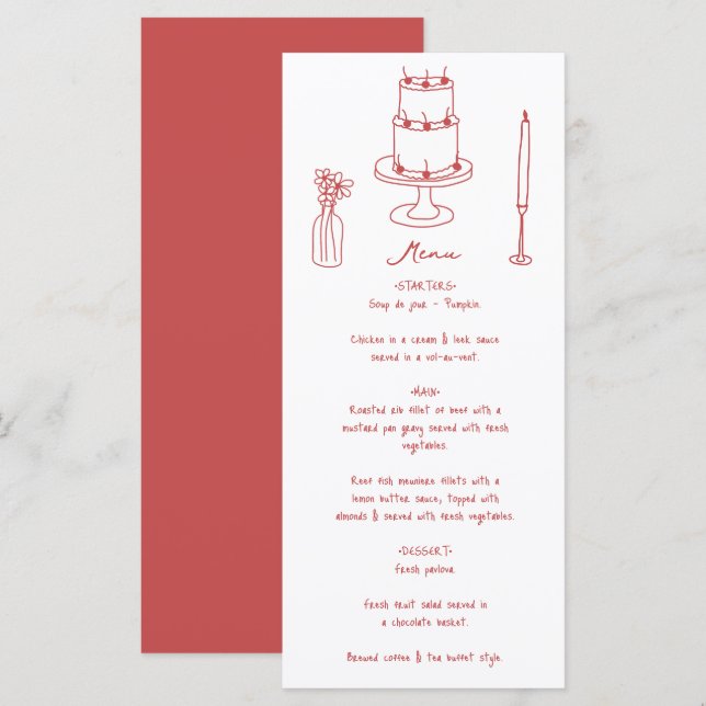 Hand Drawn Illustrations Doodles Maroon Wedding Menu (Front/Back)