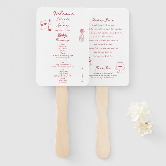 Hand Drawn Illustrations Maroon Wedding Program Hand Fan (Front and Back)